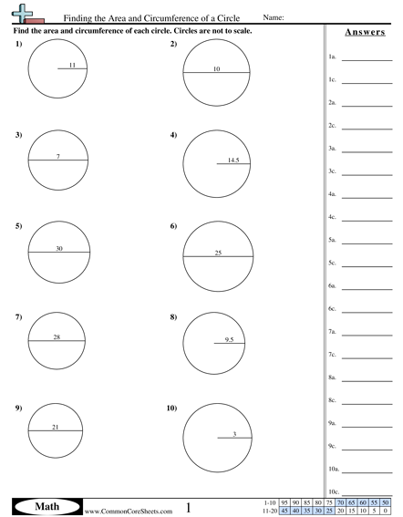 Area & Perimeter Worksheets - Finding the Area and Circumference of a Circle  worksheet